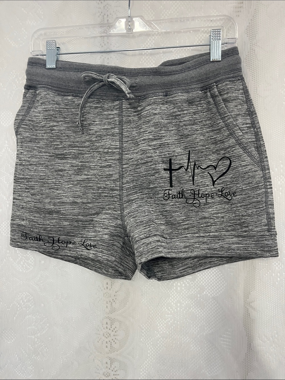 chic me Gray 'Faith Hope Love' Knit Drawstring Athletic Shorts NWOT L